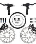 Rock Solid Mountain Bike Mechanical Disc Brake Set With Aluminum Alloy Calipers Front And Rear, includes dual rotors and hardware.