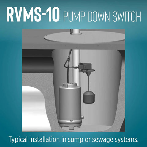 Auto Piggyback Vertical Mechanical Pump Down Float Switch For Pumps Up To Half Horsepower With 10 Foot Cord Black Converts Manual Pumps To Automatic Operation In Narrow Pits shown in sump installation
