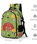 Green Grass Farm Cartoon Printed Unisex Backpack with large capacity, featuring cow and barn pattern on durable polyester.