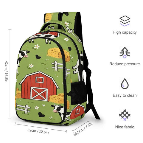 Green Grass Farm Cartoon Printed Unisex Backpack with large capacity, featuring cow and barn pattern on durable polyester.