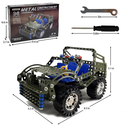 Hands On 283 Piece Metal Construction Kit Jeep model with box and tools. STEM project for builders ages 8 to 12 and creative teens.
