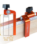 3 Inch T Track Fence Flip Stop Repeater With Indexing Cursor, aluminum, on a wooden jig with measurement markings.