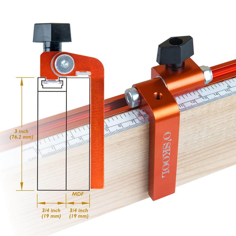 3 Inch T Track Fence Flip Stop Repeater With Indexing Cursor, aluminum, on a wooden jig with measurement markings.