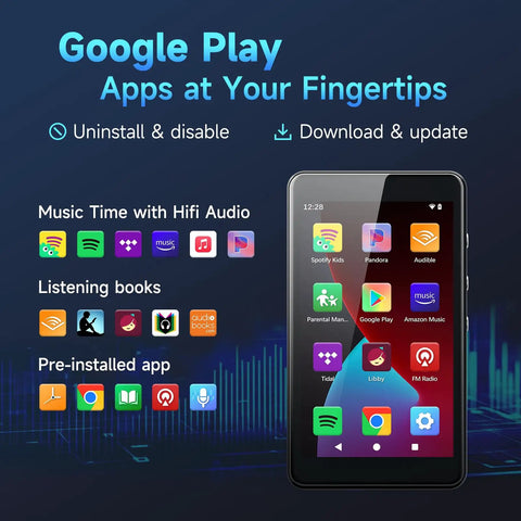 G4S 96GB MP3 Player With Bluetooth and WiFi Android 14 Stream Spotify Audible Amazon Music Pandora Tidal Libby, app display
