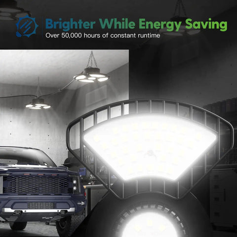 Plug In LED Garage Lights Kit With Four Deformable Panels, 90W 9000 Lumens, Ultra Bright Daylight 6500K in a garage