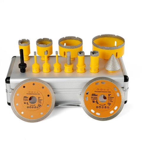 Get Your Renovation Done Right With This Badass 14 Pc Diamond Tile Hole Saw Kit Including Sizes From 6 Mm To 100 Mm Plus Chamfer Bits And Heavy Duty Diamond Blade For Smooth Drilling In Marble Ceramic And Porcelain Tile No Sweat Guaranteed. Image shows 14-piece yellow diamond drill set for ceramics with various sizes and chamfer bits.