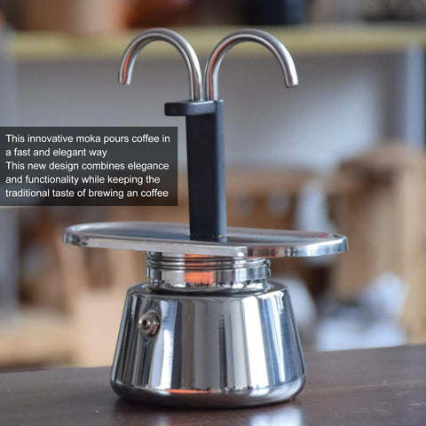 Stovetop Espresso Maker Real Deal Silver Stainless Steel Two Cup Italian Brew Pot With Dual Spout Handle, elegant design, stovetop brewing.