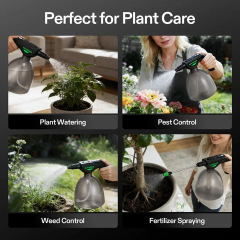 Battery Powered Sprayer 0.5 Gallon Electric Spray Bottle USB Rechargeable shown in various plant care uses