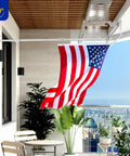 Heavy Duty Flagpole Wall Mount Bracket With Solid Hardware Kit For Patio Siding Or Lawn Display One Inch Inner Bore in use with flag.