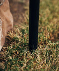 Close-up of steel stake installed in grass for Adjustable Swivel Grill Grate For Open Fire Cooking With Spike Pole Steel Mesh Wire Grate
