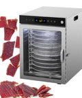 Heavy Duty Electric Food Dehydrator And Commercial Meat Jerky Maker With Stainless Steel Trays, Digital Temp Control, Auto 24 Hour Timer, Killer Build For No Sweat Drying Daily with beef jerky and stainless trays.