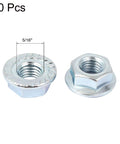 Heavy Duty Carbon Steel Hex Flange Lock Nuts With Serrated Base Lock Down Tight For Car Mods And Workshop Fixes 5 16 By 24 Thread Size Light Blue Finish 10 Piece Set close-up showing serrated base design