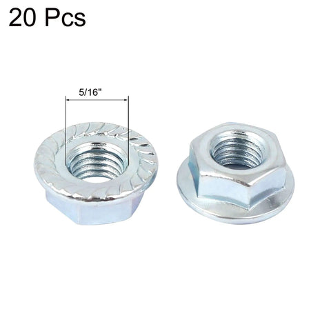Heavy Duty Carbon Steel Hex Flange Lock Nuts With Serrated Base Lock Down Tight For Car Mods And Workshop Fixes 5 16 By 24 Thread Size Light Blue Finish 10 Piece Set close-up showing serrated base design