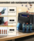 Automatic Coin Counter And Sorter With LCD Display That Rolls Through 270 Coins Per Minute, showing setup steps and components