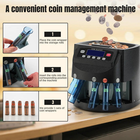 Automatic Coin Counter And Sorter With LCD Display That Rolls Through 270 Coins Per Minute, showing setup steps and components