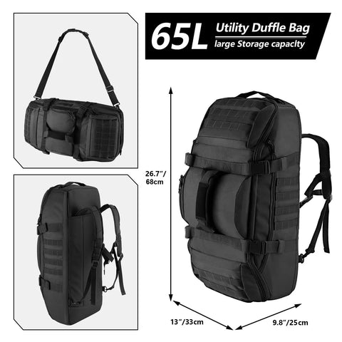65L 3 In 1 Duffle Bag Backpack For Sports Gym And Outdoor Adventures Tactical MOLLE Gear Carrier With Large Capacity And Water Resistant Beefy Durable Build Black