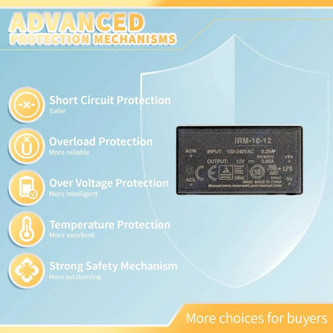 Kickass Ultra Compact 12V AC DC Converter Switching Power Supply showing advanced protection features like overload and short circuit.