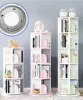 Built Tough Nine Inch Lazy Susan Hardware Kit With Square Rotating Bearing Plate And Smooth Operator 360 Degree Swivel Turntable Base For Kitchen Cabinets And Display Shelving, showing three tiered rotating shelves with decorative items.
