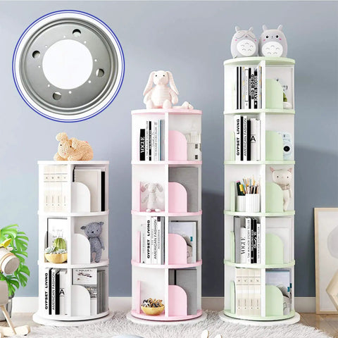 Built Tough Nine Inch Lazy Susan Hardware Kit With Square Rotating Bearing Plate And Smooth Operator 360 Degree Swivel Turntable Base For Kitchen Cabinets And Display Shelving, showing three tiered rotating shelves with decorative items.