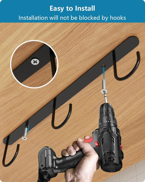 Under Cabinet Mug Hooks Set, 3 Pack With 9 Hooks, Easy Cup Hanger being installed under wooden cabinet