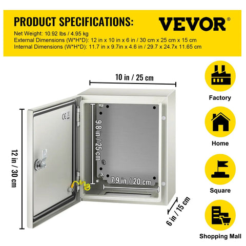 Heavy Duty 12 X 10 X 6 Inch Steel Electrical Enclosure Nema 4x Ip66 specifications showing dimensions and opening.