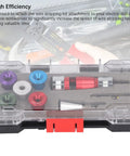 Heavy Hitter Electric Drill Wire Stripper Attachment in a case with various sizes for 6 8 10 12 14 AWG wires.