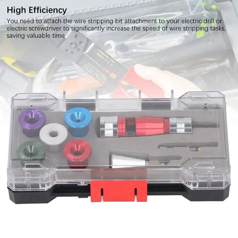 Heavy Hitter Electric Drill Wire Stripper Attachment in a case with various sizes for 6 8 10 12 14 AWG wires.