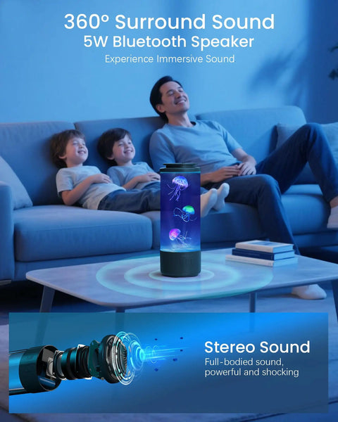Family enjoying Jellyfish Lamp Bluetooth Speaker With White Noise And 7 Color Changing Lights 4 Lighting Modes on table
