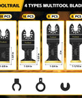 Heavy Duty Oscillating Tool Blade Kit 50 Piece Universal Multi Saw Blades For Metal Wood And Plastic M42 Steel Titanium Coated Cutting Set showing 4 types of multitool blades with dimensions.