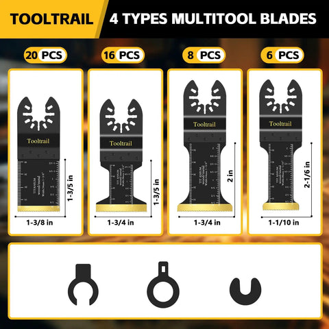 Heavy Duty Oscillating Tool Blade Kit 50 Piece Universal Multi Saw Blades For Metal Wood And Plastic M42 Steel Titanium Coated Cutting Set showing 4 types of multitool blades with dimensions.