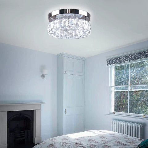 Crystal Flush Mount Ceiling Light With Oversized 30x50 mm K9 Crystals And Stainless Steel Finish LED Round Mini Chandelier in bedroom.