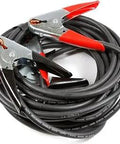 Heavy Duty Battery Jumper Cables With Premium Number Two Copper Welding Cable 16 Feet Long 500 Amp Clamps On Both Ends For Reliable Jump Start Power For Any Weather coiled on white background.
