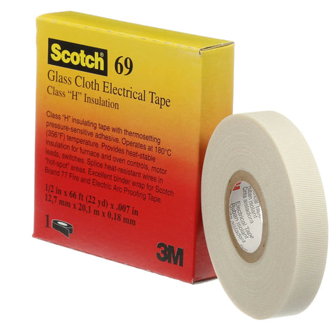 Roll of Glass Cloth Electrical Tape 69 One Half Inch by 22 Yard Premium Grade With Silicone Adhesive beside packaging box
