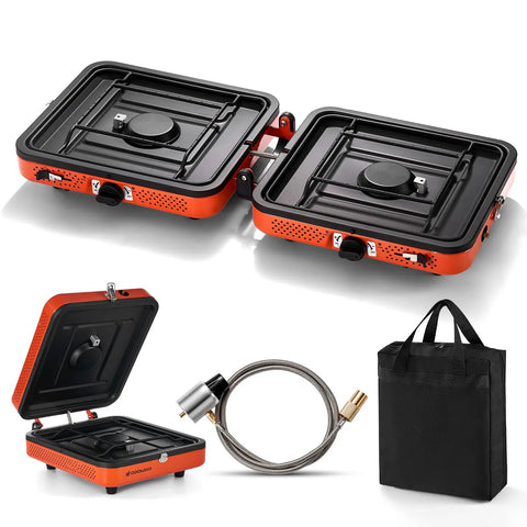 Portable Two Burner Camping Stove Propane 17000 BTU Per Hour Outdoor Stove for Backpacking Hiking and Picnics Collapsible Design