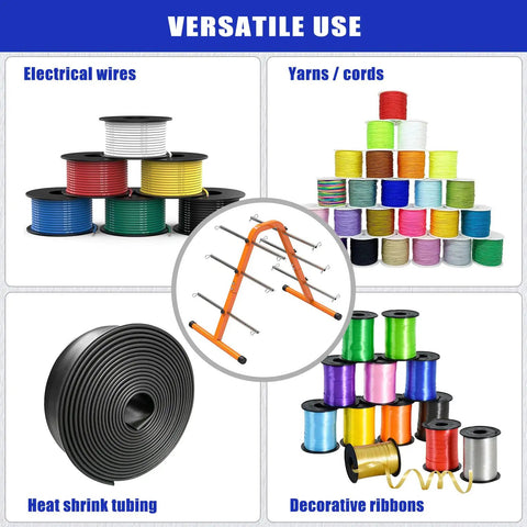 No Sweat Portable Wire Spool Rack And Cable Dispenser With Six Adjustable Steel Rods, displaying various wire types and spools.