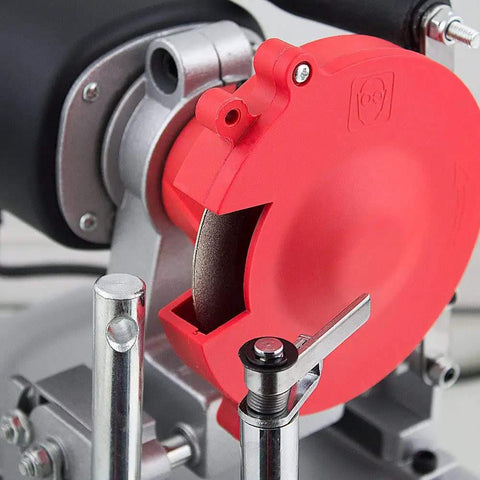 Close-up of the High Caliber 120 Volt Electric Circular Saw Blade Sharpener Packed With Diamond Emery Wheels adjustable tilt arm.