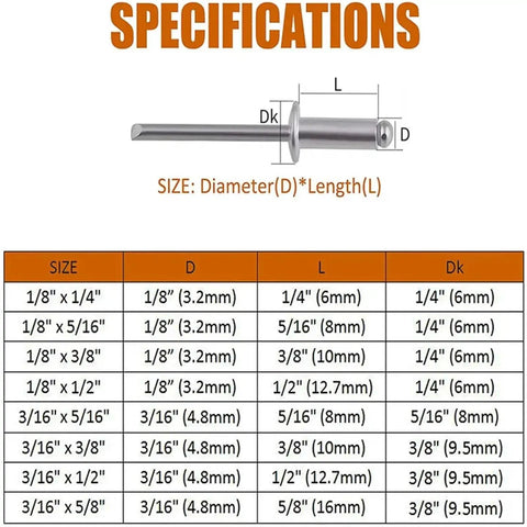 385 Piece Aluminum Dome Head Pop Rivets Kit For M3.2 And M4 Open End, size chart for aluminum dome head rivets