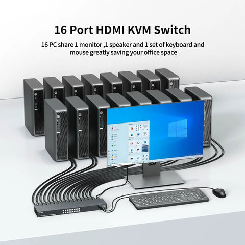Top Tier 16 Port Rack Mount KVM Console with connected keyboard, monitor, and multiple PCs for streamlined server management.