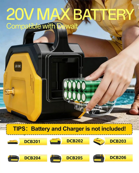 Heavy Duty Cordless Water Transfer Pump with 20V Max Battery compatibility, showing hand inserting battery for operation.