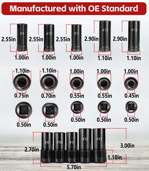 5-Piece Tap Socket Set For Large Taps 5/8 In, 11/16 In, 3/4 In, 7/8 In And 1 In With 1/2 In Drive Tap Socket Adapters dimensions chart