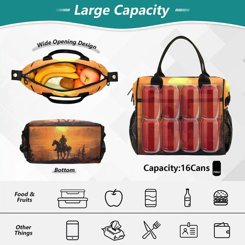 Desert Cowboy Brown Insulated Lunch Bag Cooler Tote For Outdoor Picnic And Camping Reusable Shoulder Bag with food and cans