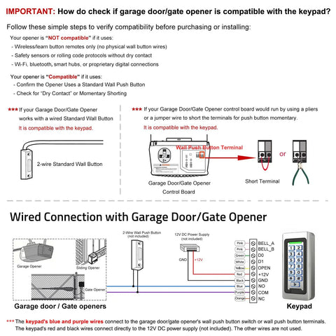 Wiring guide for Wireless Keypad Access Control System with Weatherproof Metal Build showing garage door and gate opener connections.