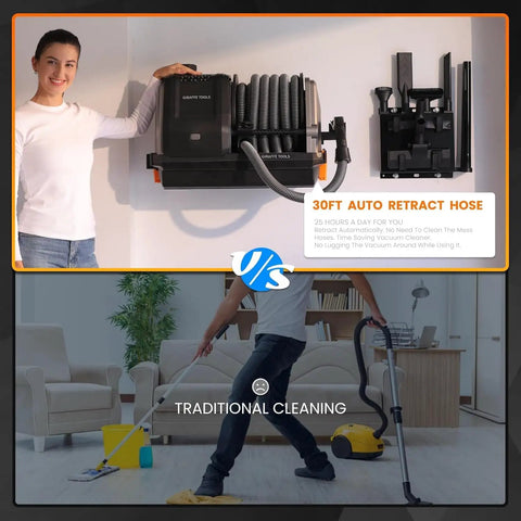 Person using Grandstorm Retractable Wall Mounted Wet Dry Vacuum Cleaner With 30 Ft Hose And 6 Nozzles For Car Detailing Garage Vacuum