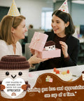 Two coworkers exchanging a Mini Coffee Cup Thank You Gift For Coworkers, Teachers, Nurses, Bosses And Friends, Handmade Crochet Desk Decor.