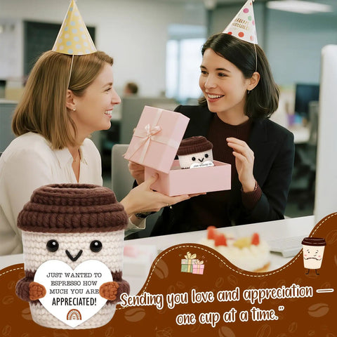 Two coworkers exchanging a Mini Coffee Cup Thank You Gift For Coworkers, Teachers, Nurses, Bosses And Friends, Handmade Crochet Desk Decor.