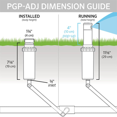 PGP Ultra Rotor Sprinkler Heads 5 Pack Includes Adjustment Tool And Preloaded Nozzles Full Circle 50 To 360 Degree Rotation dimension guide showing height details.