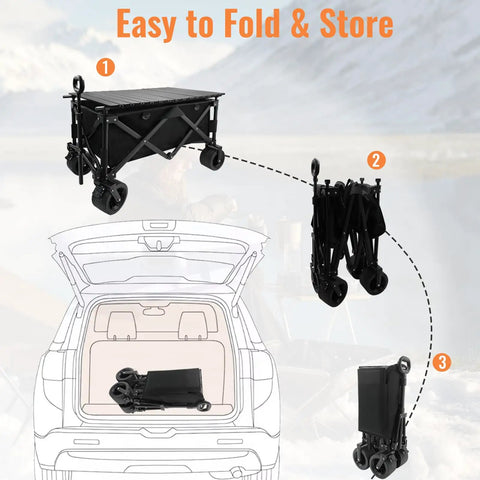 Heavy Duty Collapsible Folding Wagon With Built In Table, 440 Lb Capacity Utility Cart folding steps for easy car storage