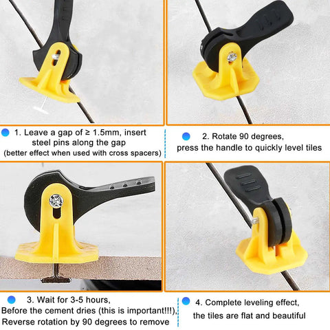 Tile Leveling System Kit With 1/8 Inch Spacers showing installation steps with black and yellow reusable leveler tools.