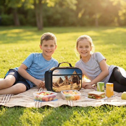 Two children having a picnic with Camel Desert Insulated Lunch Box With Detachable Handle For Women And Men on a blanket.