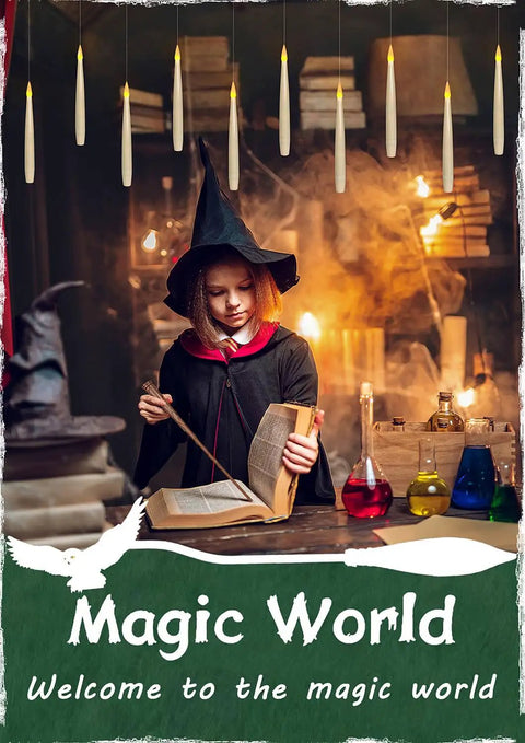 Young witch reading in a magical room with Six Pack Flameless Floating Candles With Magic Wand Remote For Halloween And Christmas Decor.